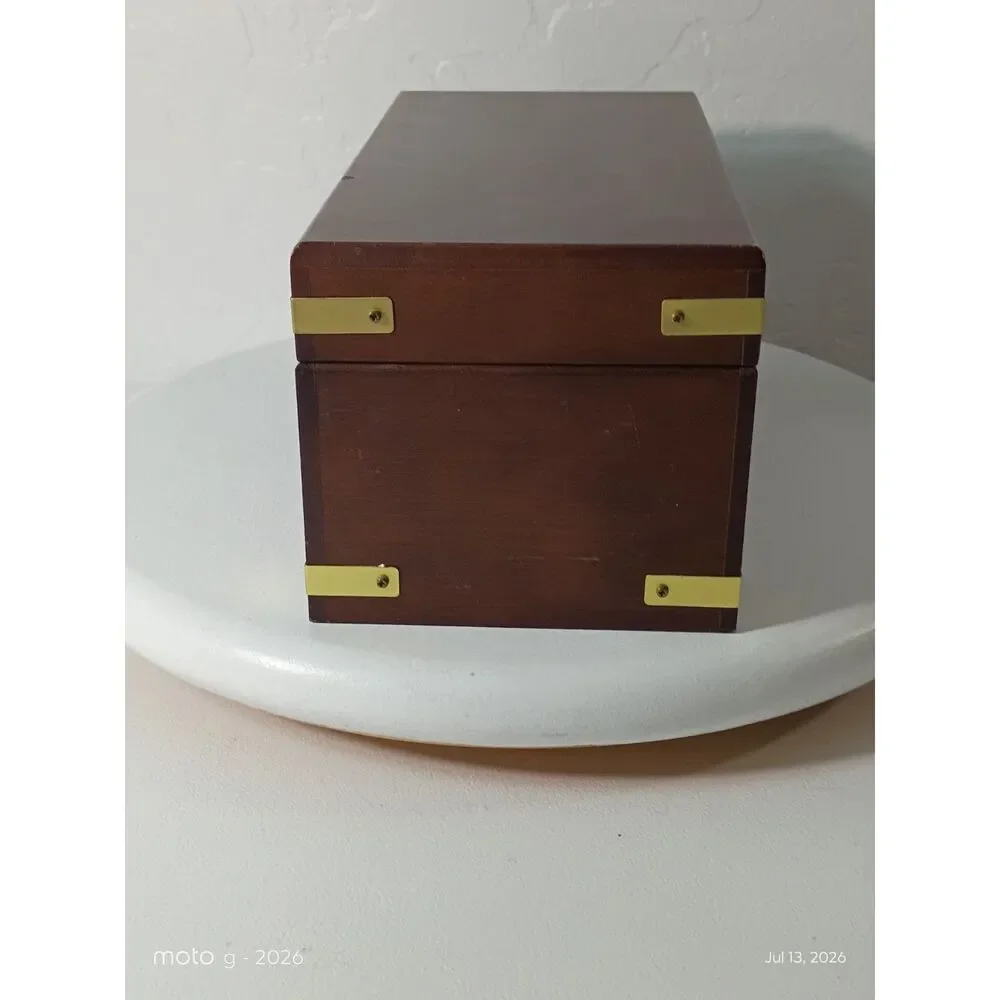 Vintage Wood Jewelry Chest Removable Tray Red Velvet Lining Brass Hardware
